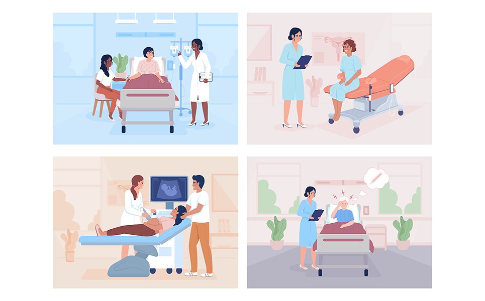 Patients examination in hospital flat color vector illustrations set