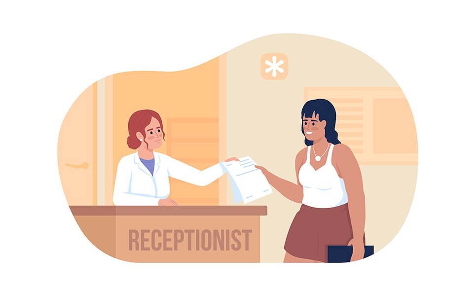 Woman and hospital receptionist 2D vector isolated illustration