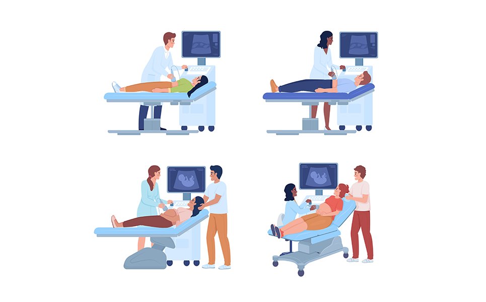 Ultrasound examination semi flat color vector characters set