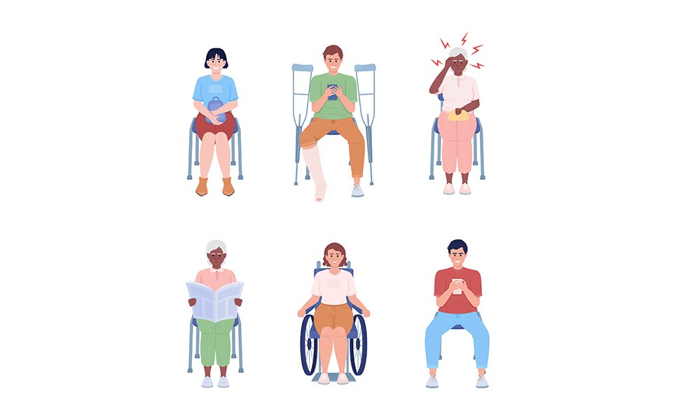 Sitting people semi flat color vector characters set