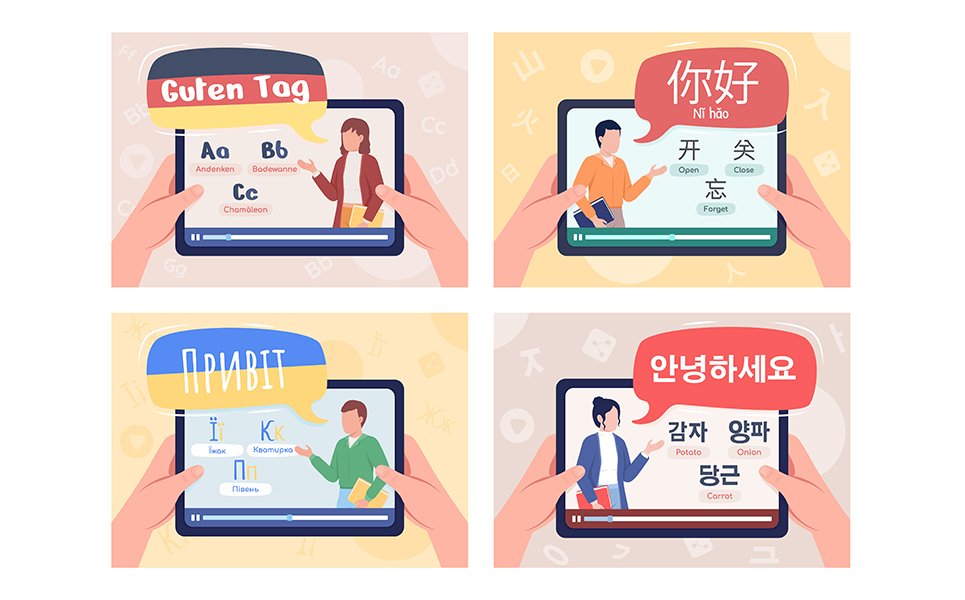 Learning languages online flat color vector illustrations set