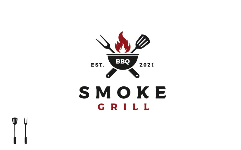 Vintage Grill Barbeque BBQ With Crossed Fork And Spatula With Fire Flame Logo Template