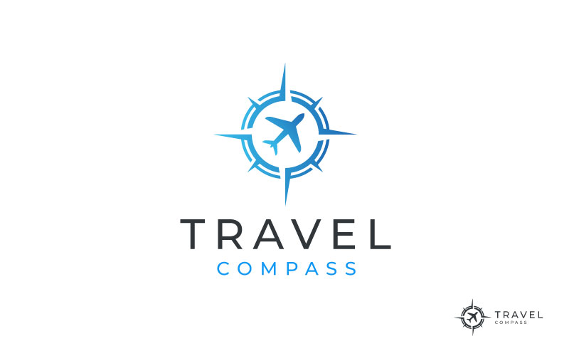 Compass With Plane For Transport, Travel Logo Template