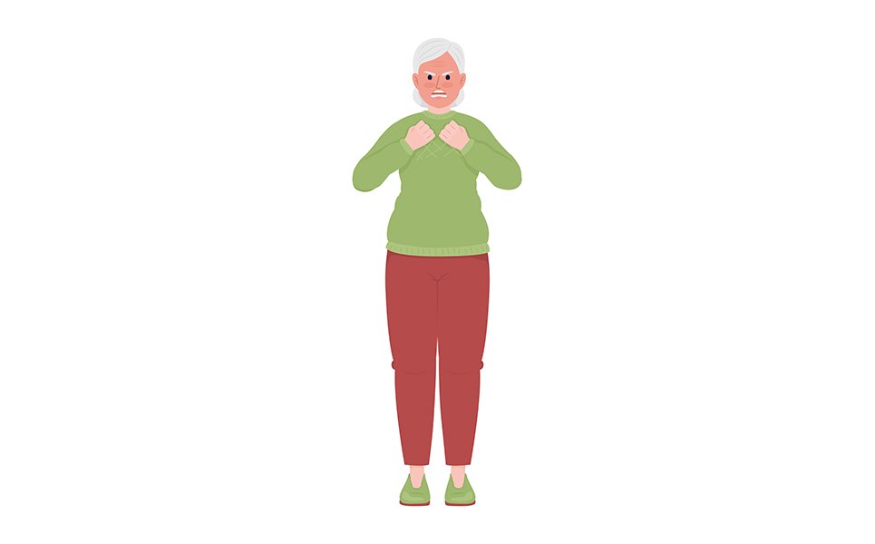 Angry old woman with red face semi flat color vector character
