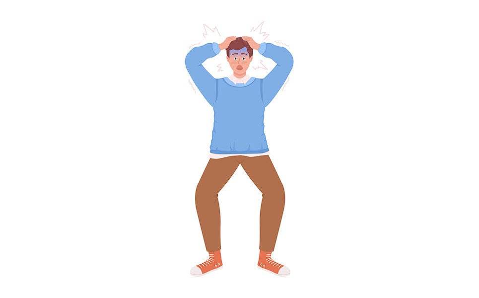 Stressed out man clutching head semi flat color vector character