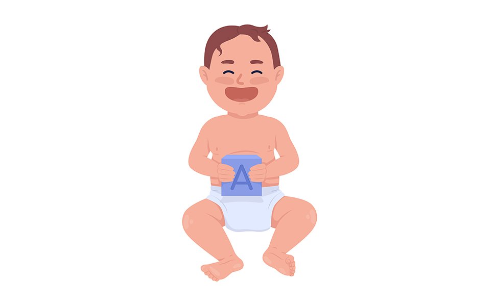 Laughing baby with letter cube semi flat color vector character