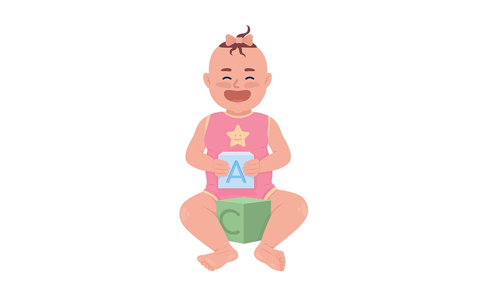 Joyful baby girl with cubes semi flat color vector character