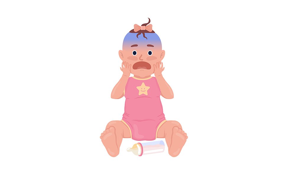 Scared baby girl with bottle semi flat color vector character