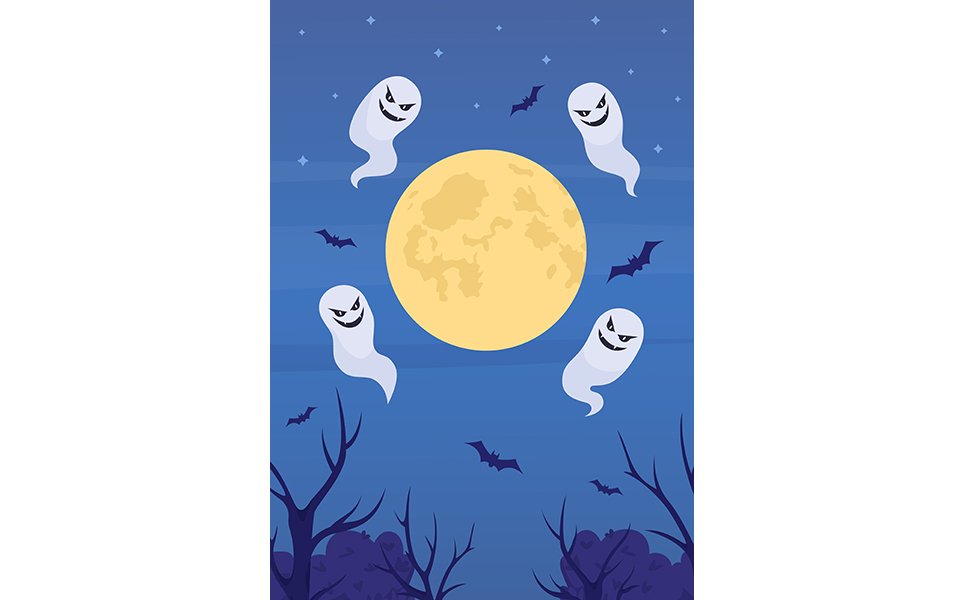 Moon and floating spirits flat color vector illustration