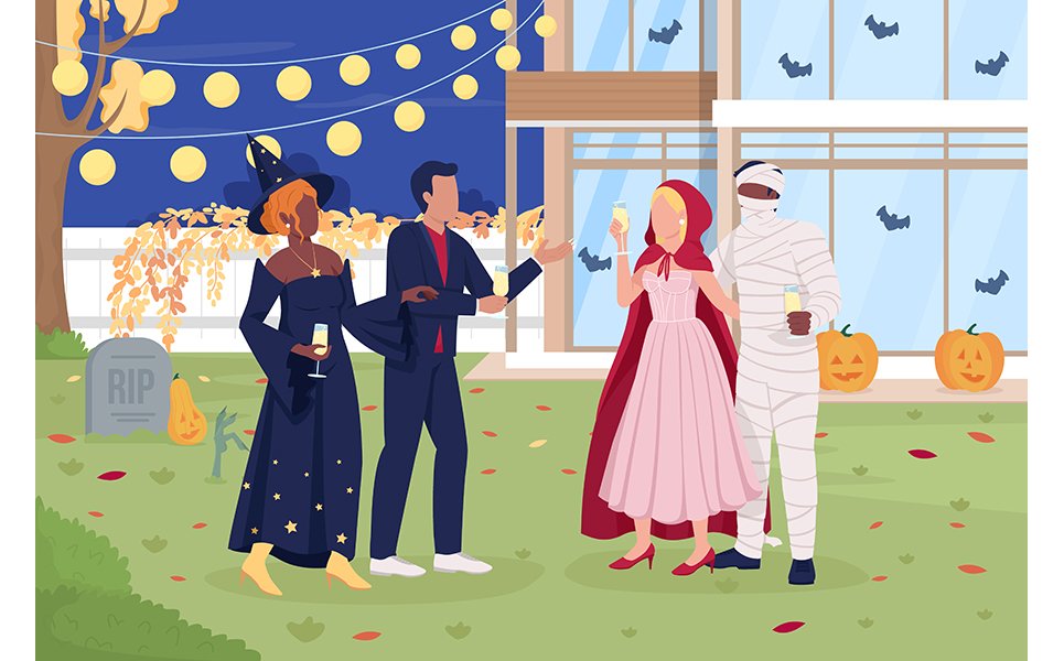 Guests wearing carnival costumes at Halloween party flat color vector illustration