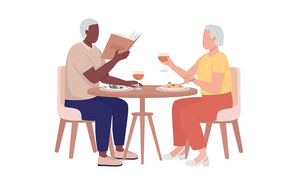 Elderly couple having dinner together semi flat color vector characters