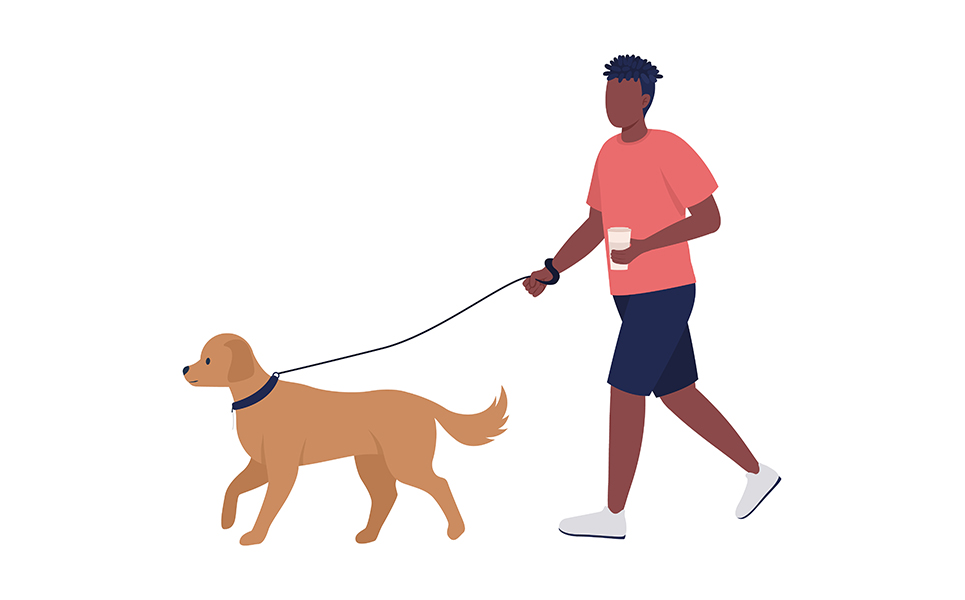 Man walking dog on street semi flat color vector characters