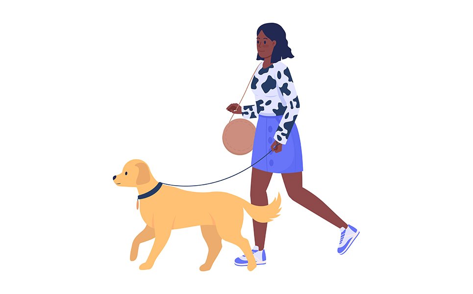 Stylish woman walking dog on street semi flat color vector characters