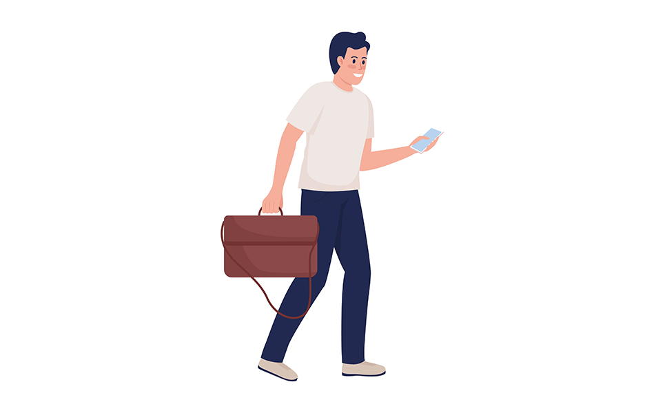 Smiling man with leather handbag and smartphone semi flat color vector character