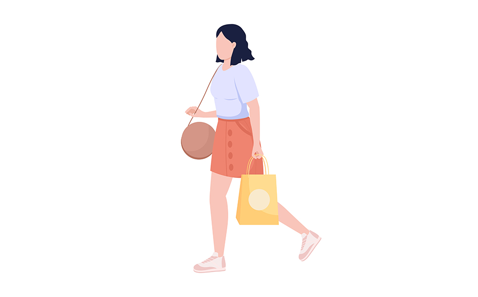 Young pretty woman with boutique shopping bag semi flat color vector character