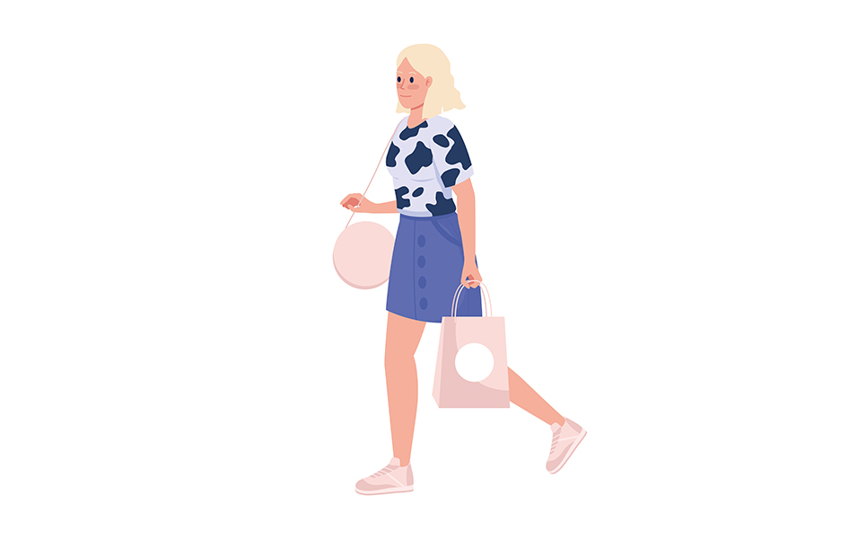 Stylish blonde lady with pink shopping bag semi flat color vector character