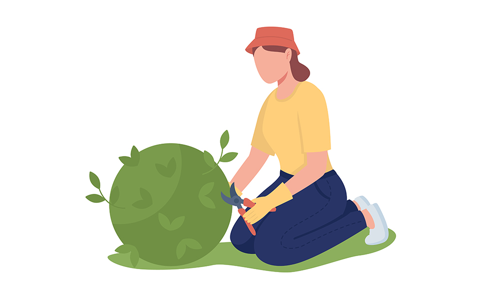 Woman pruning bush in garden semi flat color vector character