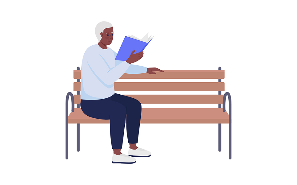 Elderly man with book relaxing on bench semi flat color vector character