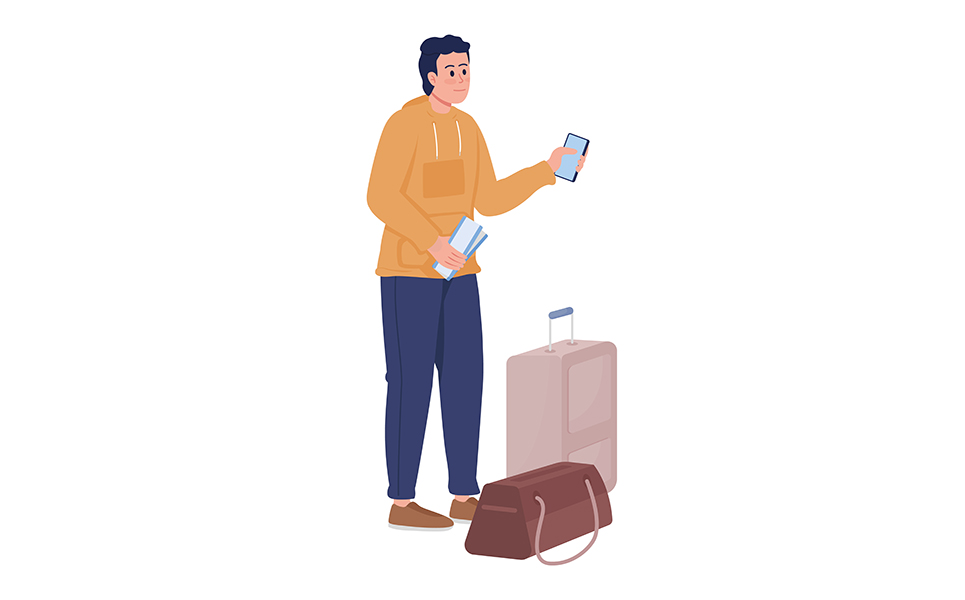 Young man with luggage bags and flight ticket semi flat color vector character