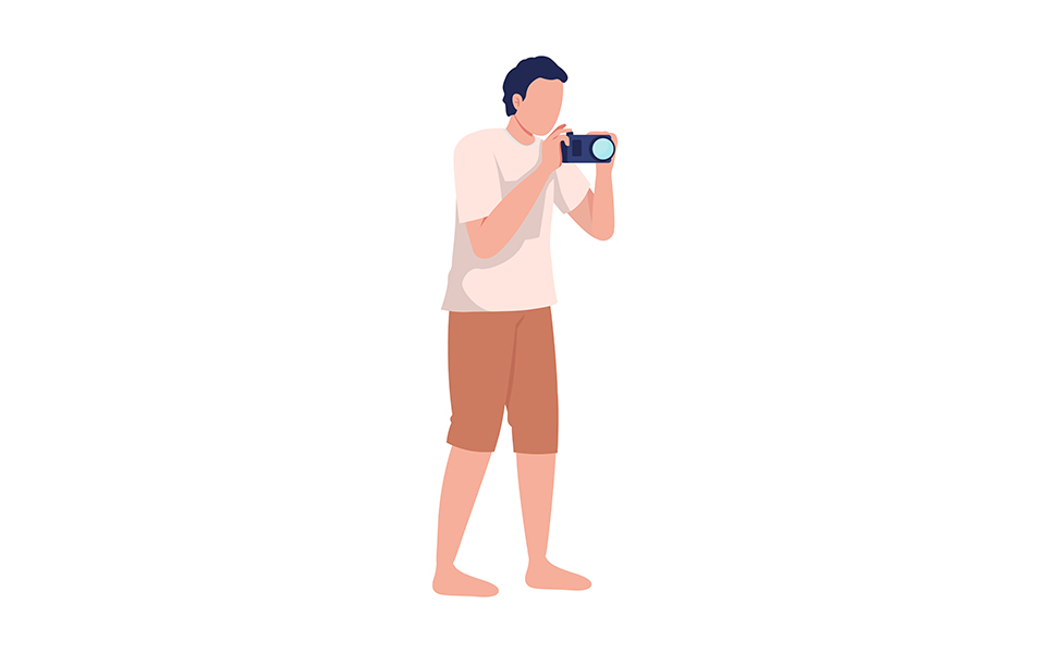 Man wearing summer outfit with camera semi flat color vector character