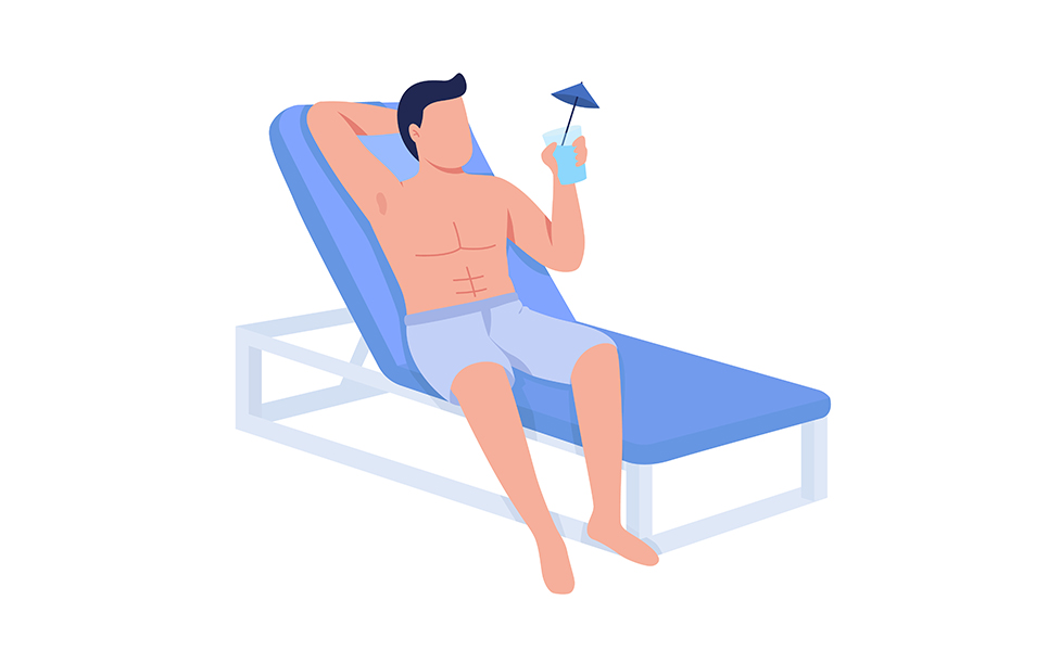 Fit body man relaxing with cocktail drink semi flat color vector character