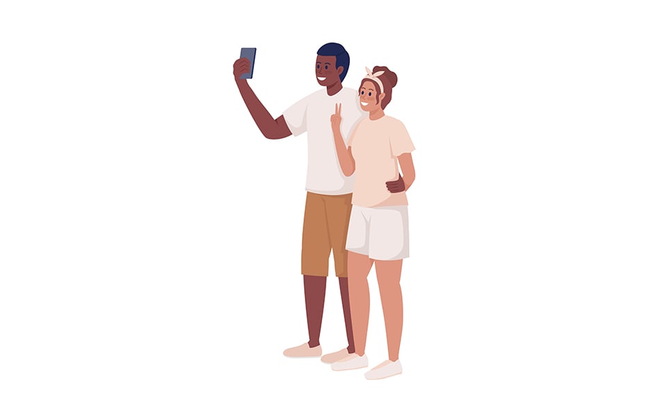 Young man and woman posing for picture semi flat color vector characters