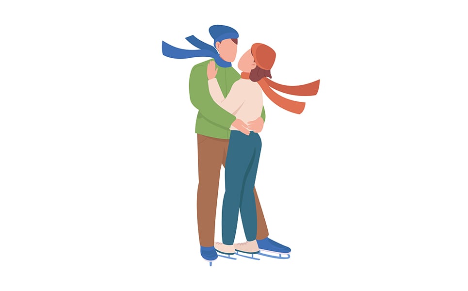 Young couple enjoy skating together semi flat color vector characters