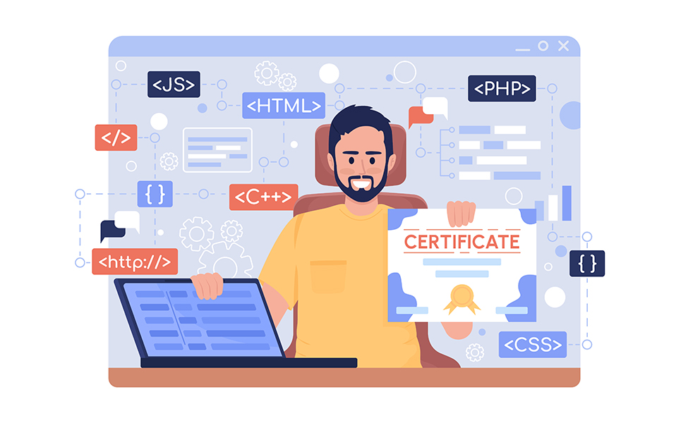 Man holding certificate 2D vector isolated illustration