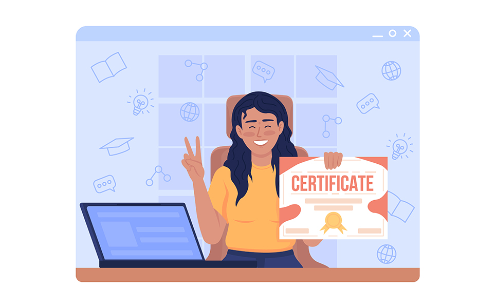 Smiling girl holding certificate 2D vector isolated illustration