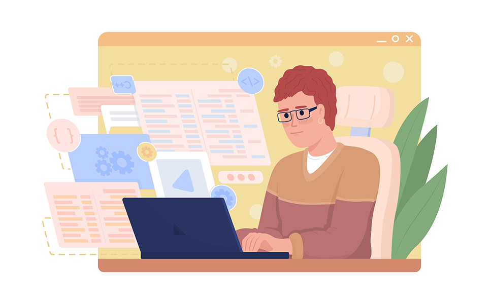 Software developer at work 2D vector isolated illustration