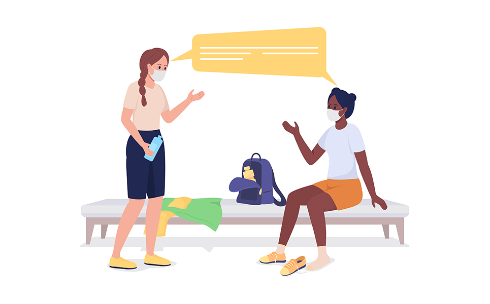 Girls talking before gym class semi flat color vector characters