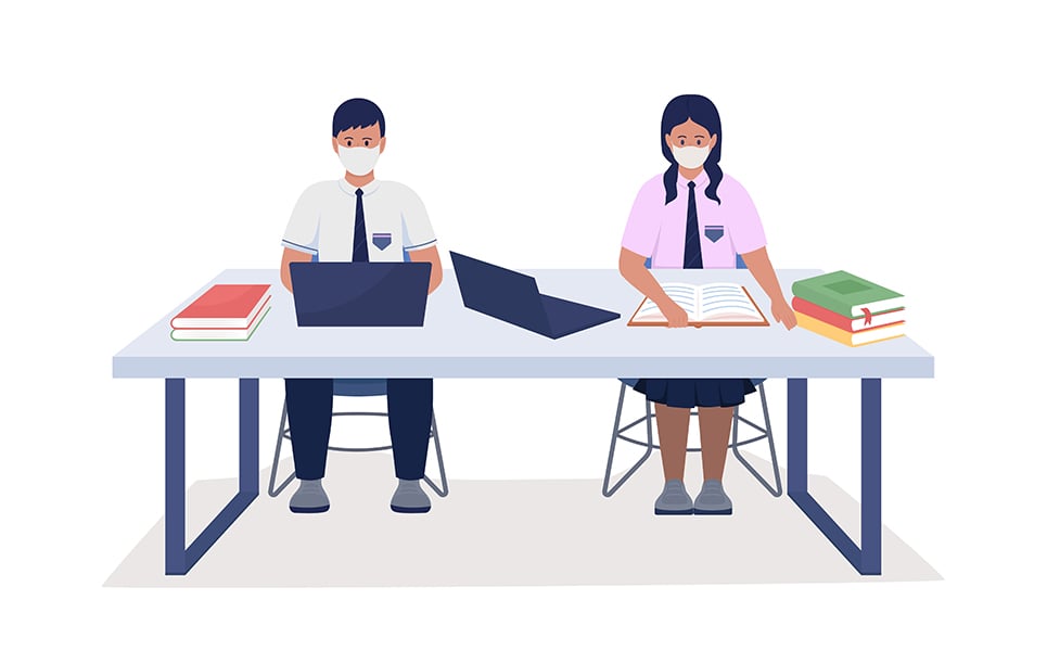 Students in uniform studying semi flat color vector characters