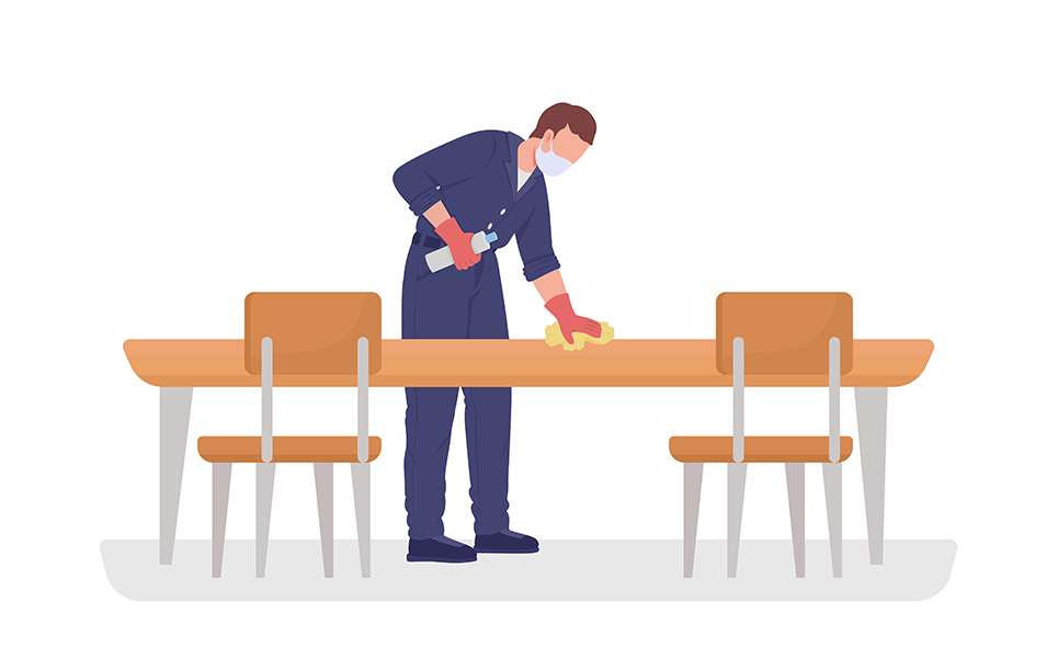 Cleaner disinfecting desk semi flat color vector character