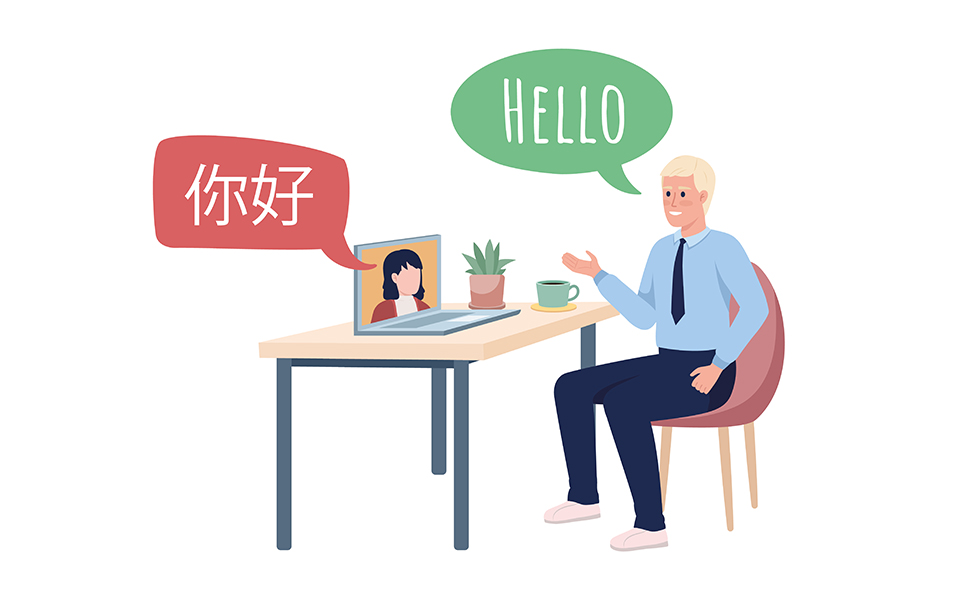 Videoconference interpreter with chinese partner semi flat color vector characters