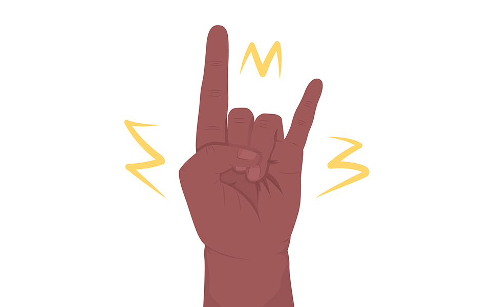 Rock music fan semi flat color vector hand gesture