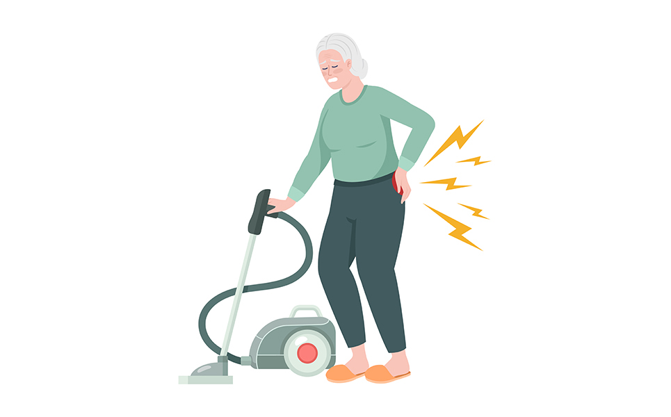 Senior woman with back pain while hoovering semi flat color vector character