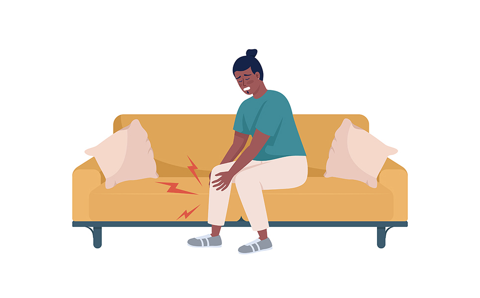 Man suffers from leg muscles pain semi flat color vector character