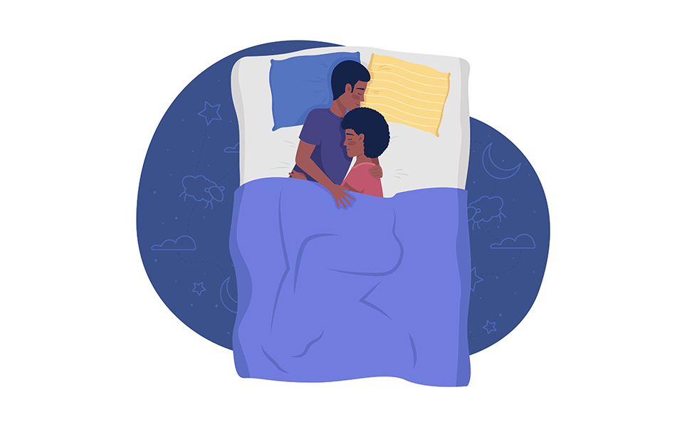Happy couple sleeping in bed 2D vector isolated illustration