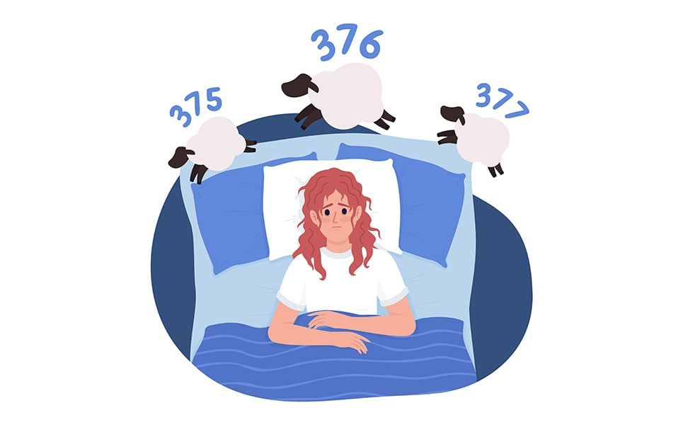 Woman with insomnia in bed 2D vector isolated illustration