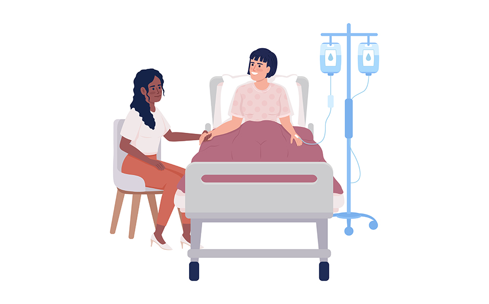 Woman visiting ill friend at hospital semi flat color vector characters