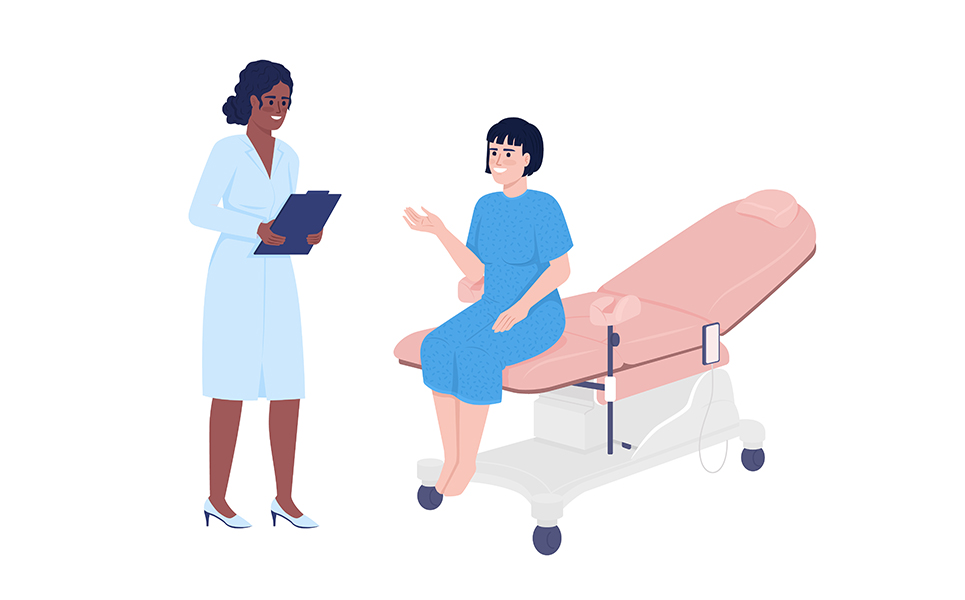 Woman at gynecologist appointment semi flat color vector characters