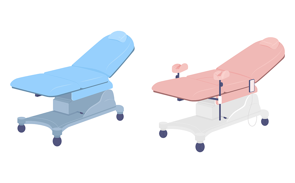 Medical examining chairs semi flat color vector objects set