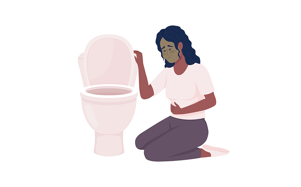 Upset woman with nausea and toilet bowl semi flat color vector character