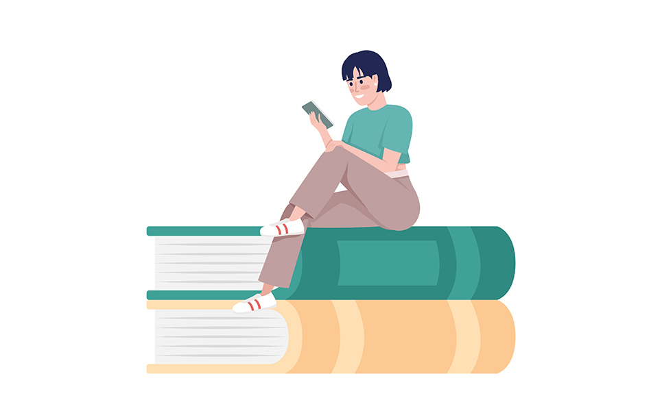 Woman with mobile phone sitting on books semi flat color vector character