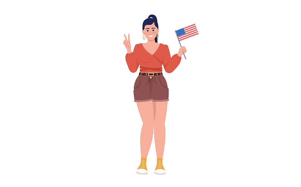 Joyful woman with American flag semi flat color vector character