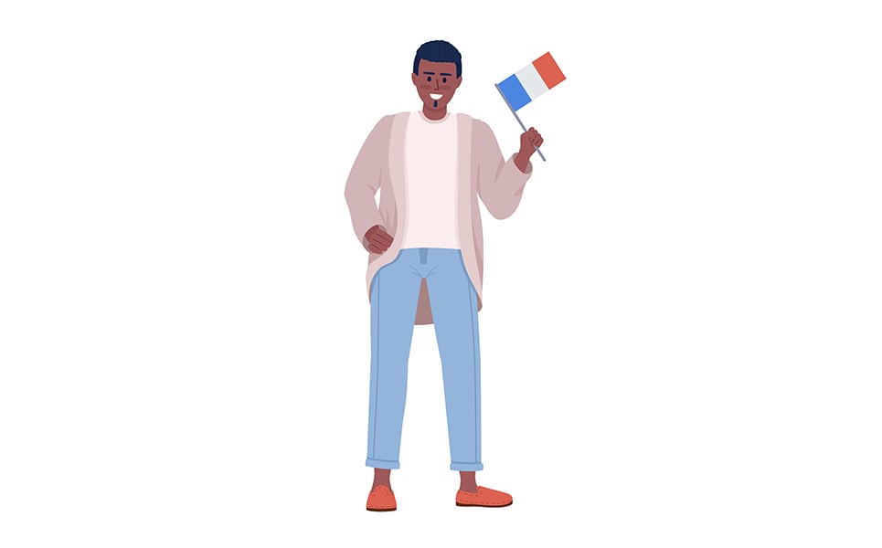 Smiling guy with French flag semi flat color vector character