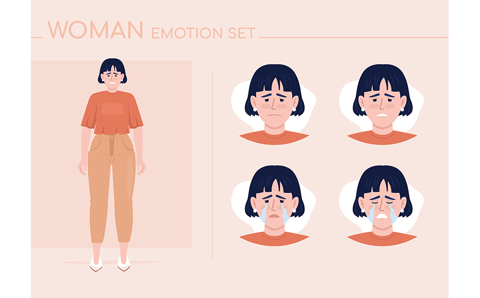 Upset young woman semi flat color character emotions set