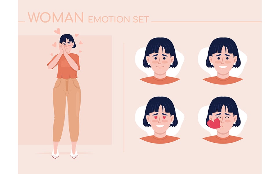 Young woman in love semi flat color character emotions set