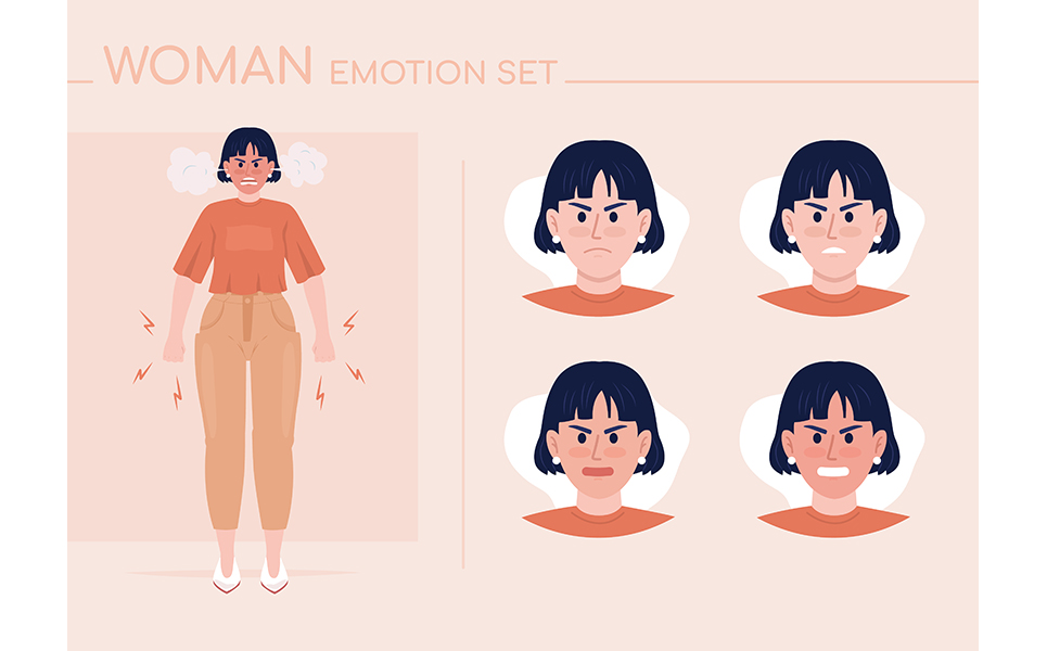 Angry young woman semi flat color character emotions set