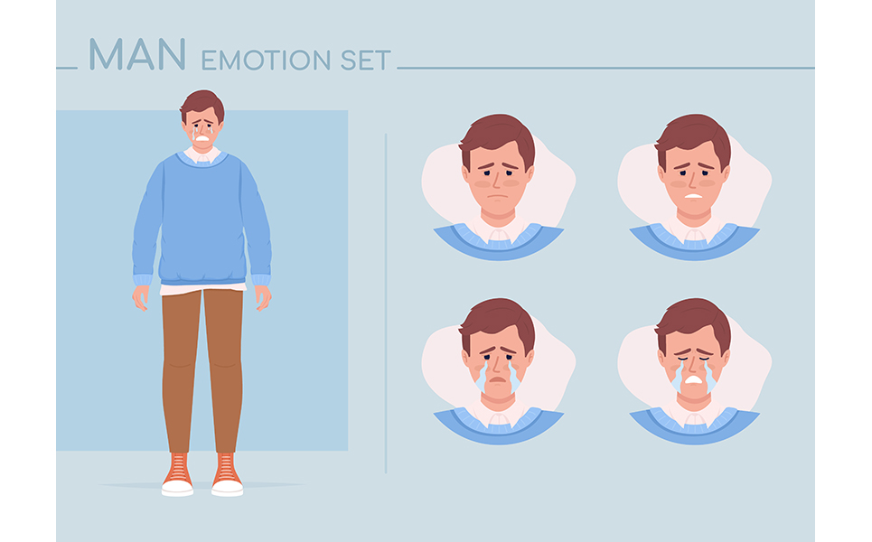 Unhappy young man semi flat color character emotions set